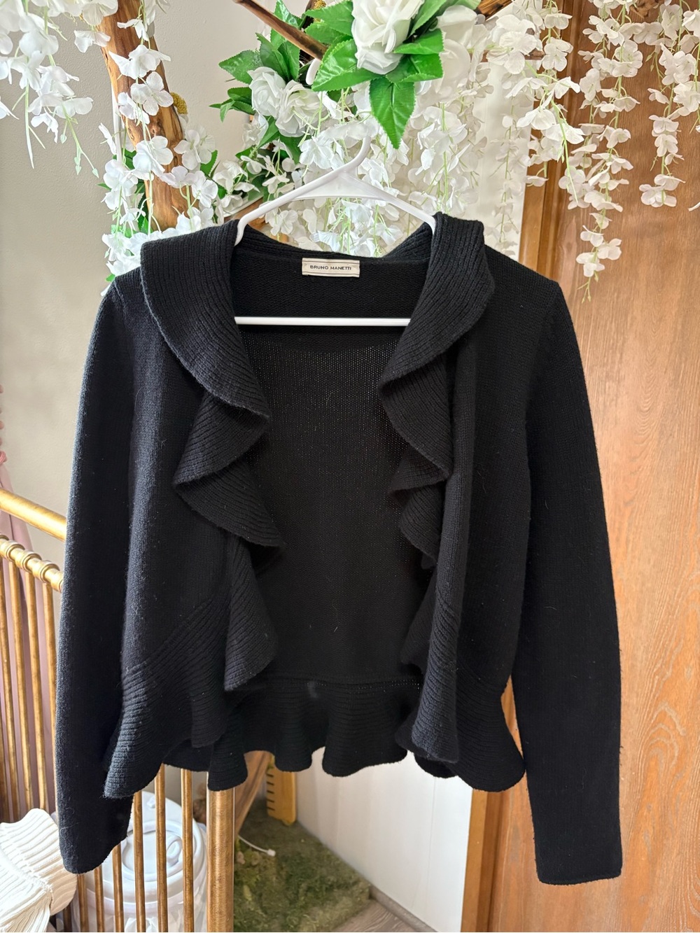 Bruno Manetti Women's Black Ruffle-Front Cardigan Sweater